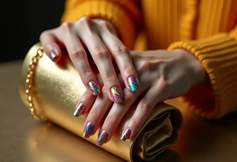 Unhas curtas decoradas com clutch dourada