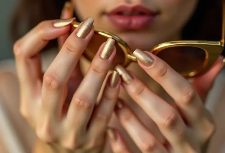 Unhas curtas nude com flocos dourados segurando óculos de sol.