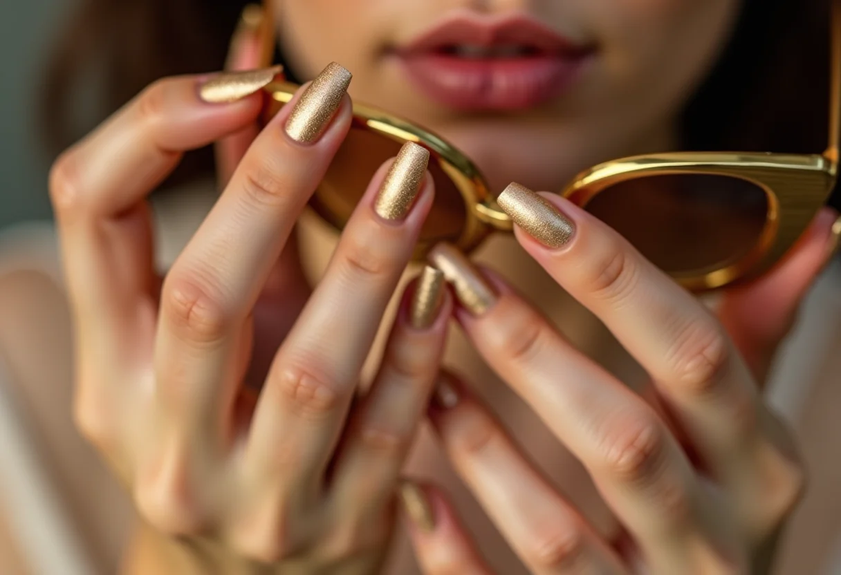 Unhas curtas nude com flocos dourados segurando óculos de sol.