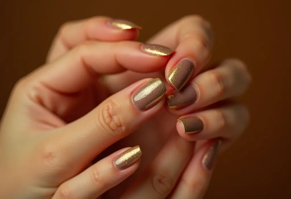 Unha Decorada Curta: 5 ideias que alongam seus dedos Unhas curtas nude com glitter dourado vertical