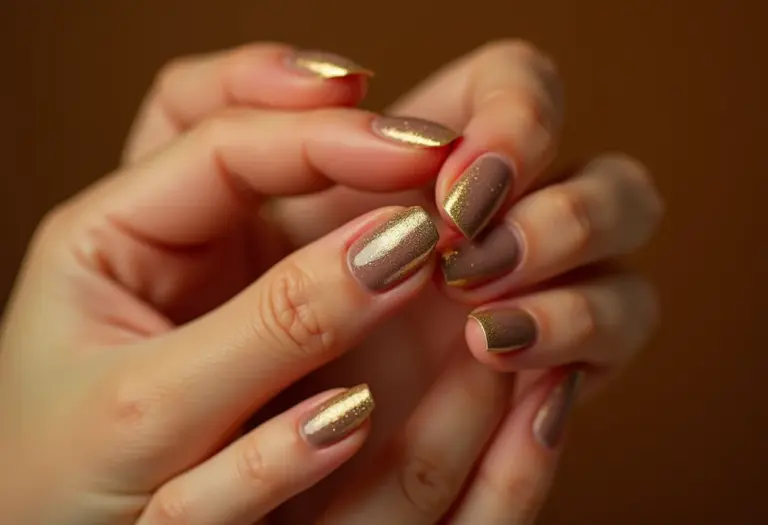 Unhas curtas nude com glitter dourado vertical