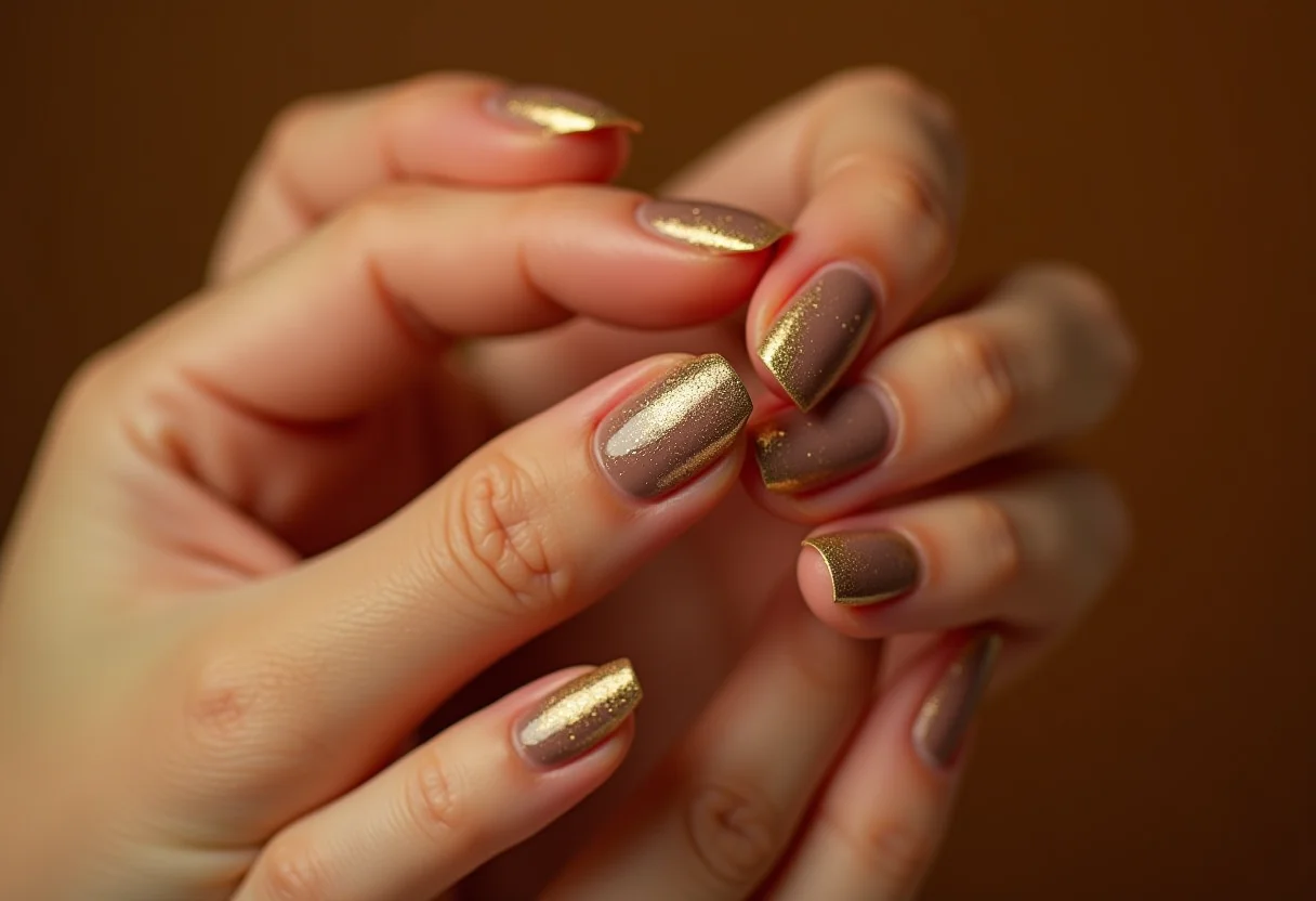 Unhas curtas nude com glitter dourado vertical