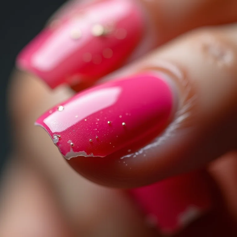 Unhas danificadas com cutículas secas e esmalte rosa lascado