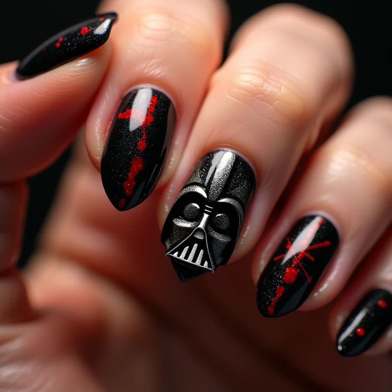 Unhas Darth Vader com glitter e detalhes vermelhos