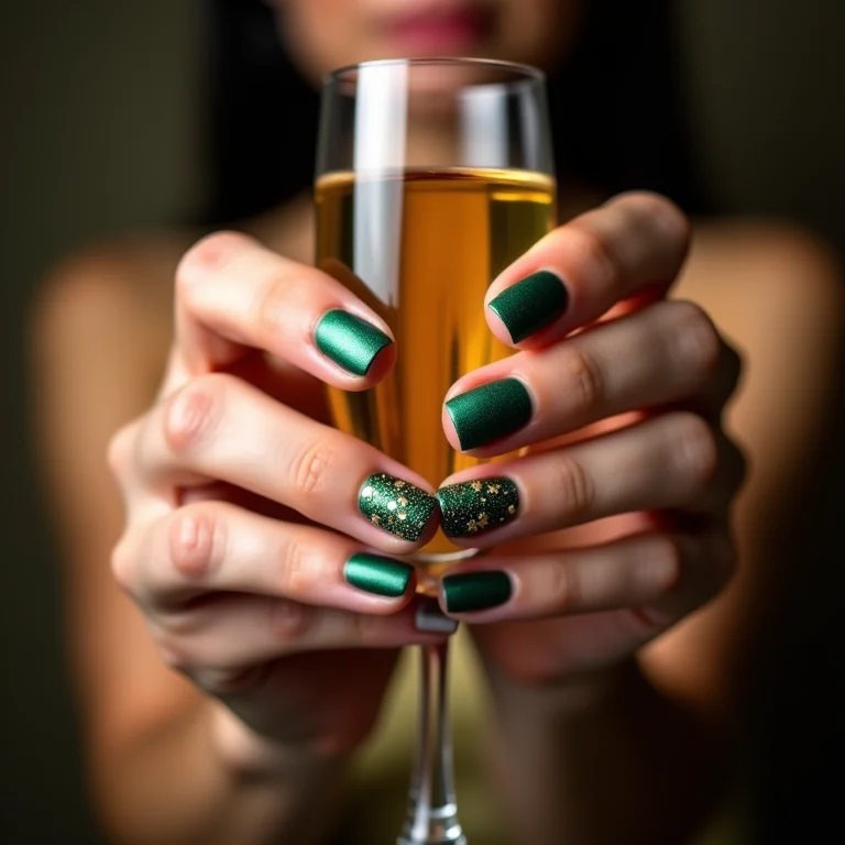 Unhas de Ano Novo com glitter verde e estrela