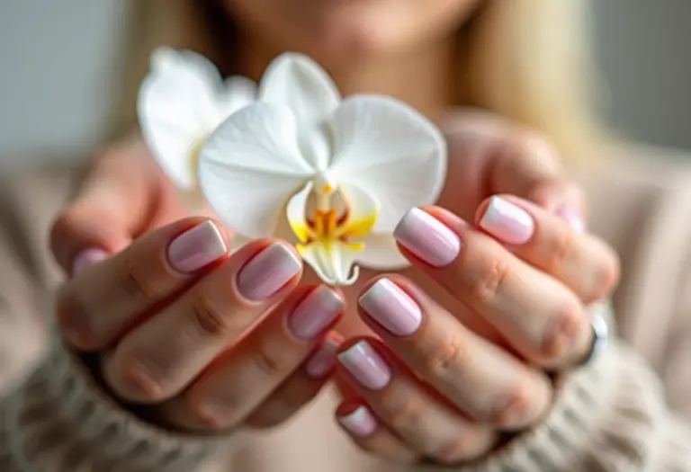 Unhas de fibra de vidro impecáveis segurando orquídea branca