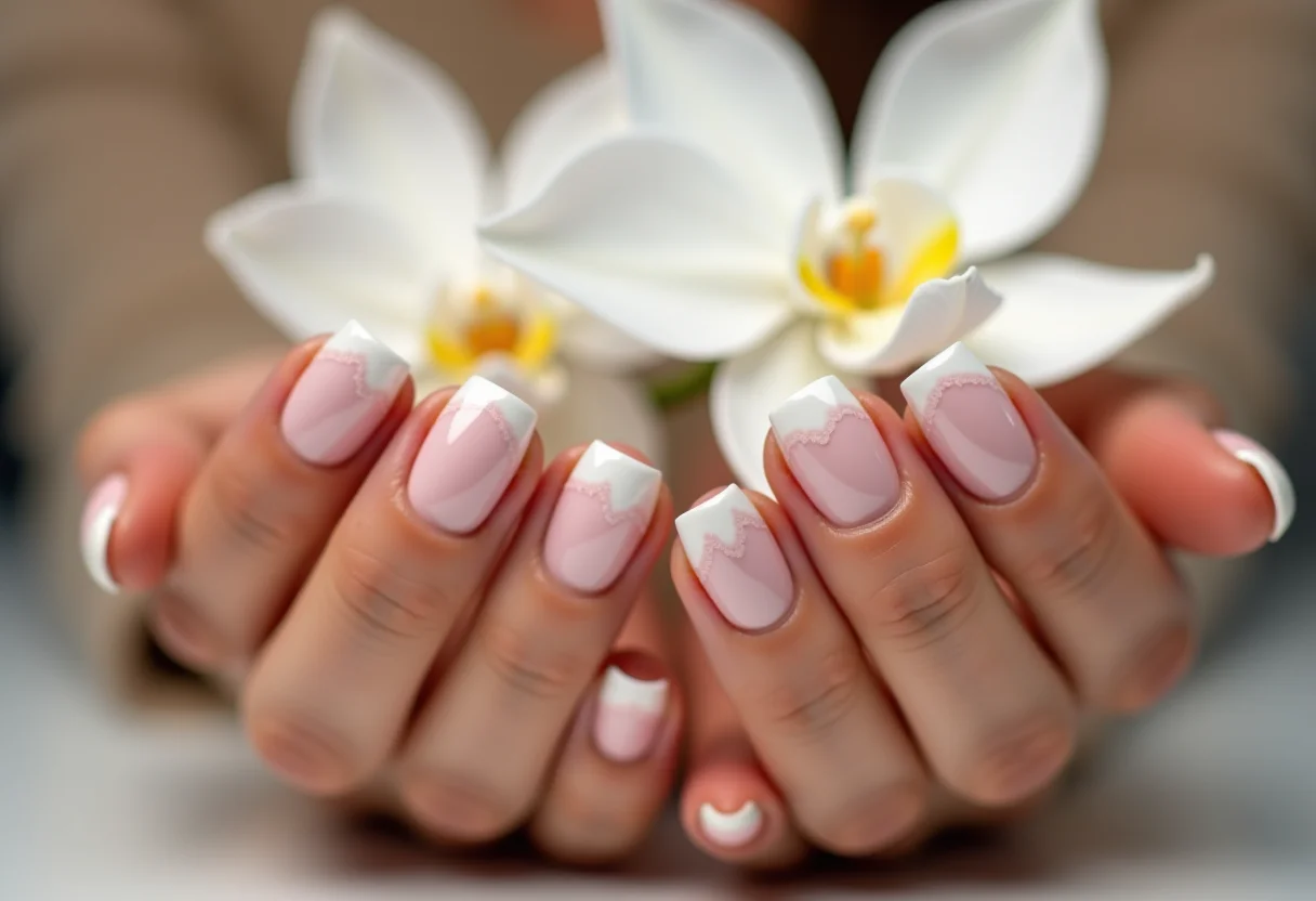 Unhas de fibra de vidro segurando orquídea branca