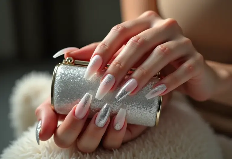 Unhas de fibra de vidro stiletto com glitter prata