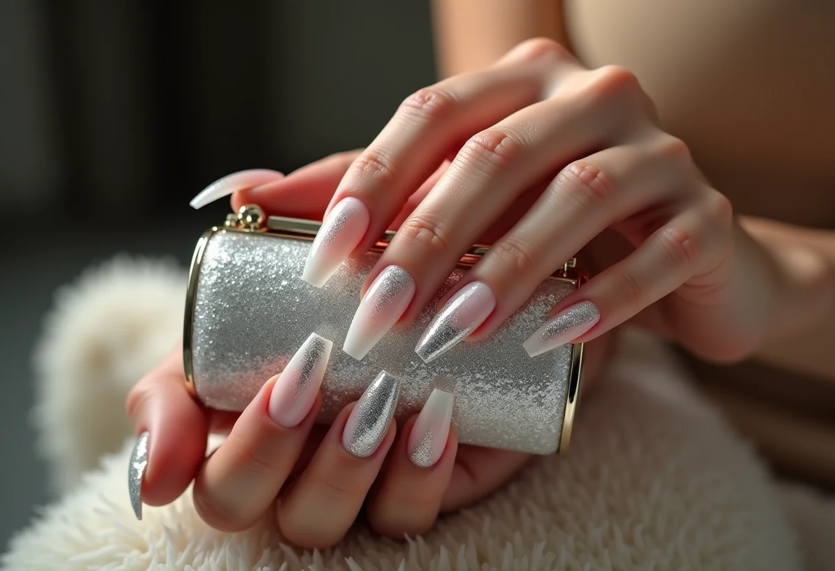 Unhas de fibra de vidro stiletto com glitter prata