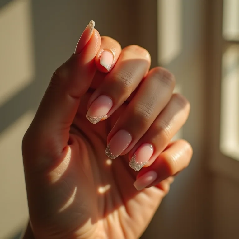 Unhas de gel bailarina com francesinha reinventada com glitter