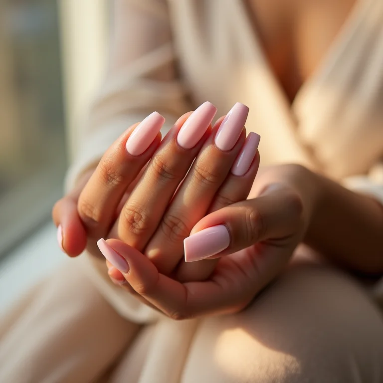 Unhas de gel bailarina em mãos femininas demonstrando durabilidade