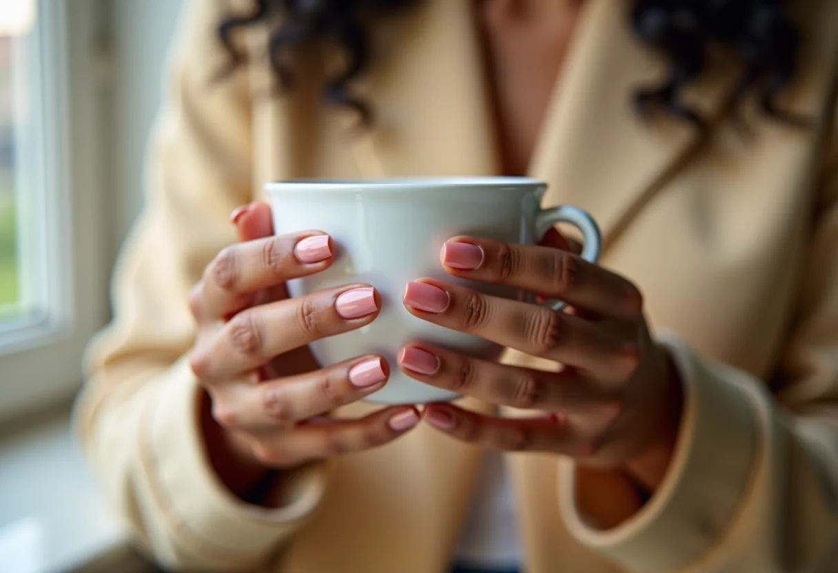 Unhas de gel bailarina em mãos femininas segurando xícara de chá