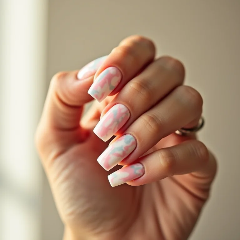 Unhas de gel bailarina marmorizadas em tons pastel