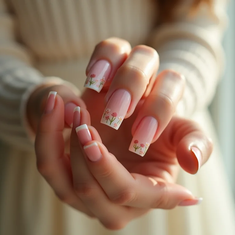 Unhas de gel bailarina minimalistas com adesivos florais
