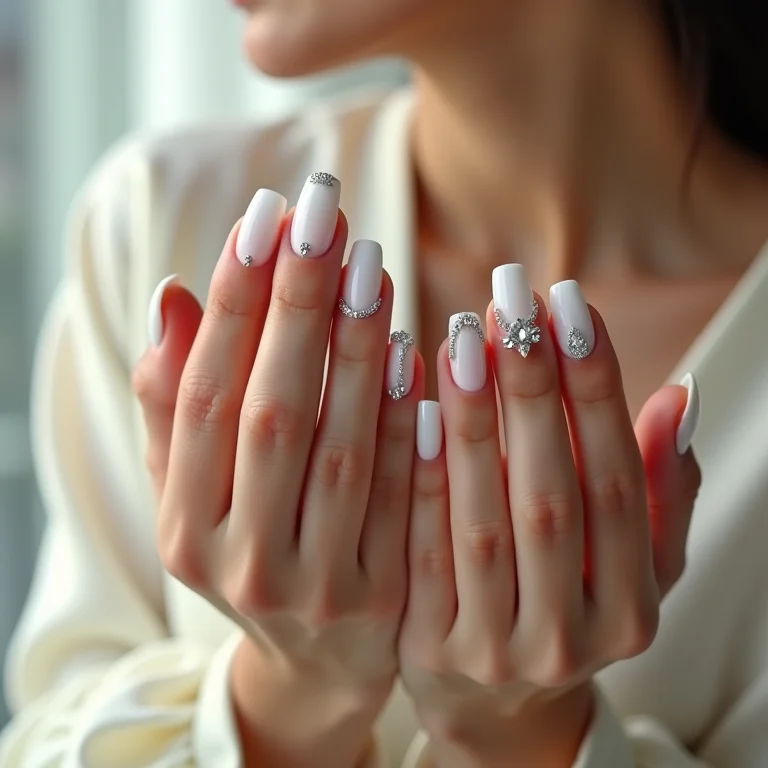 Unhas de gel brancas com pedrarias e strass