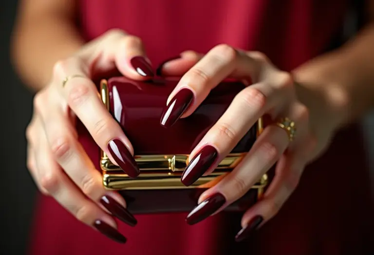 Unhas de gel burgundy segurando clutch dourada