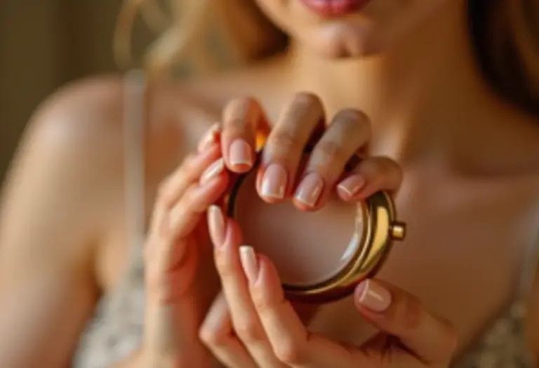 Unhas de gel clarinhas segurando um espelho compacto dourado