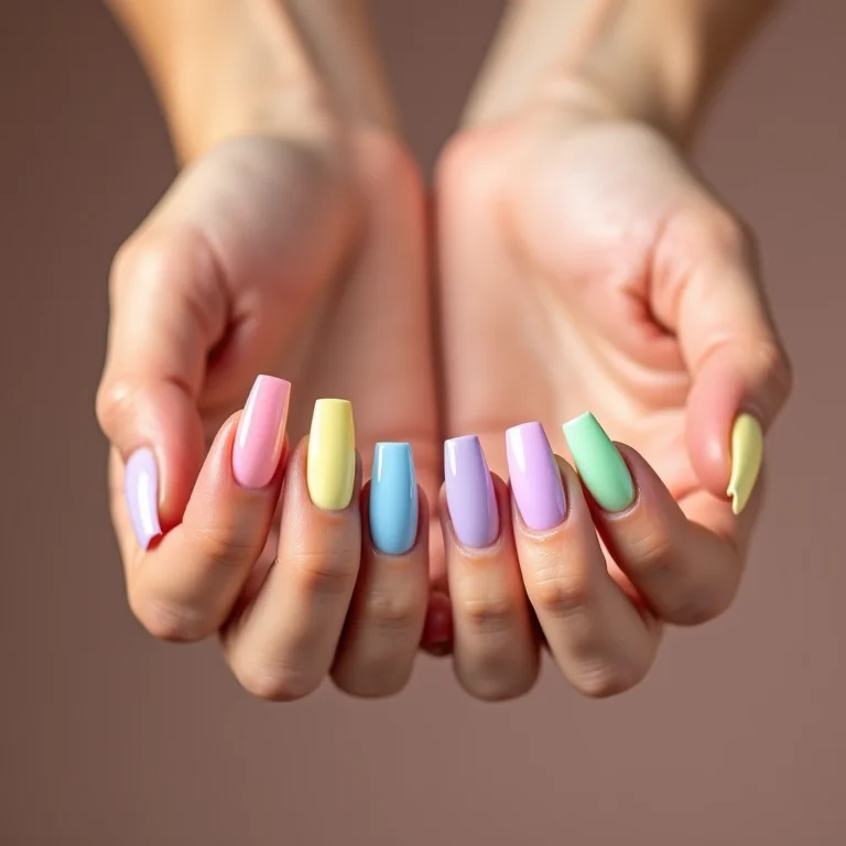 Unhas de gel coloridas em tons pastel