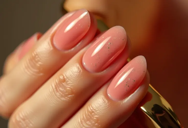 Unhas de gel com brilho suave segurando clutch dourada