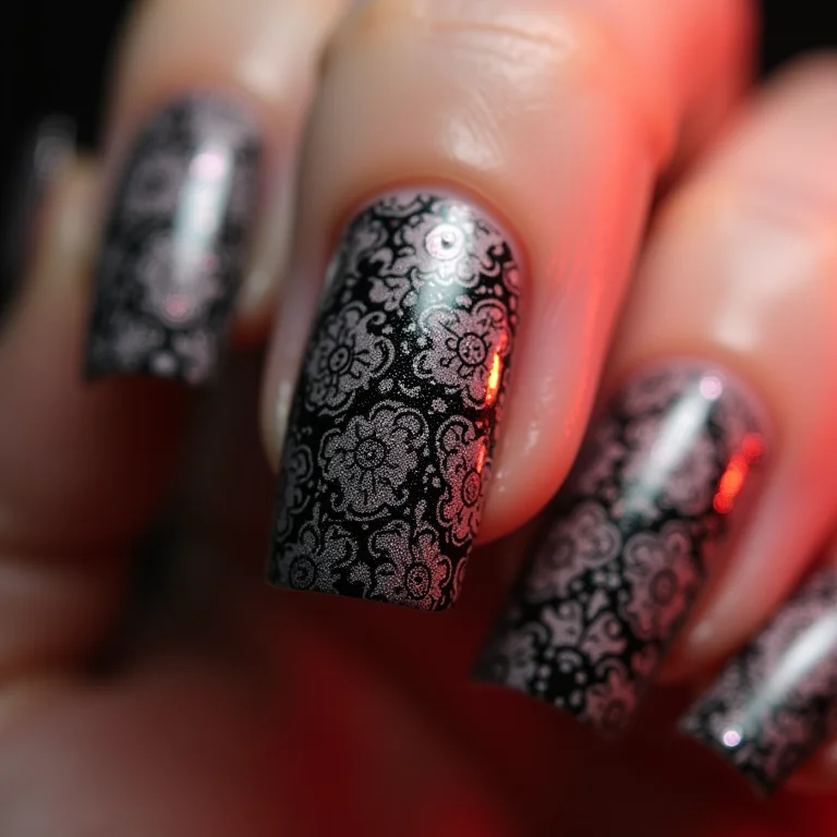 Unhas de gel com carimbo de renda