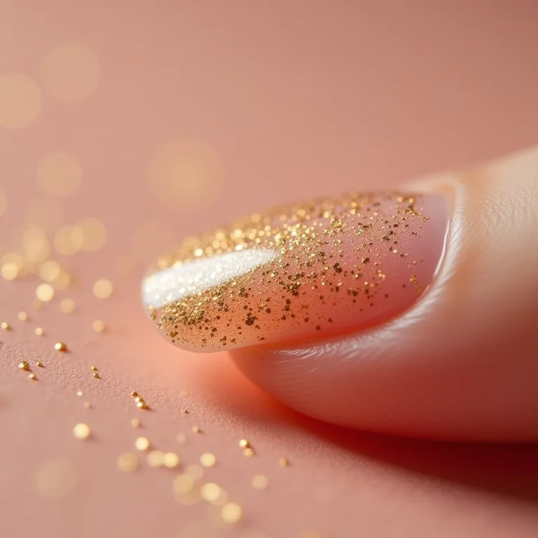 Unhas de gel com decoração minimalista de flocos de ouro