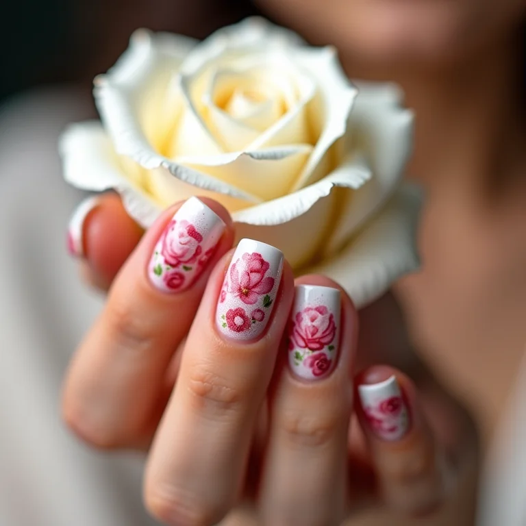 Unhas de gel com design floral delicado