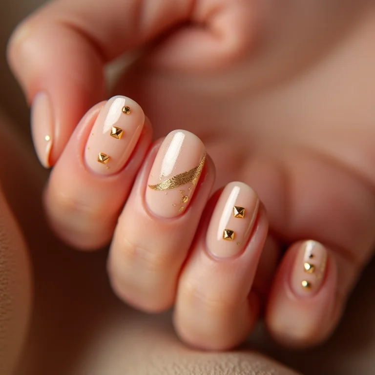 Unhas de gel com detalhes metalizados dourados