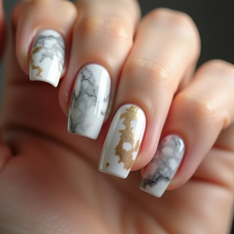 Unhas de gel com efeito marmorizado