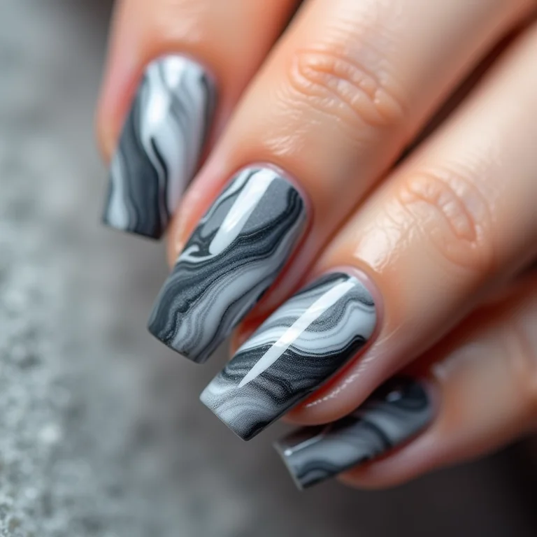Unhas de gel com efeito marmorizado