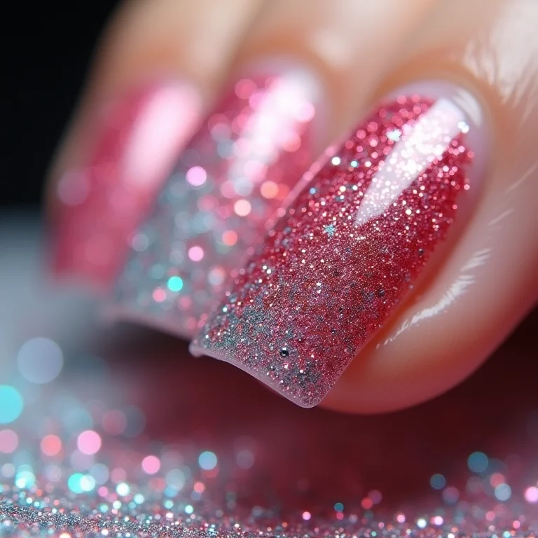 Unhas de gel com glitter glamouroso