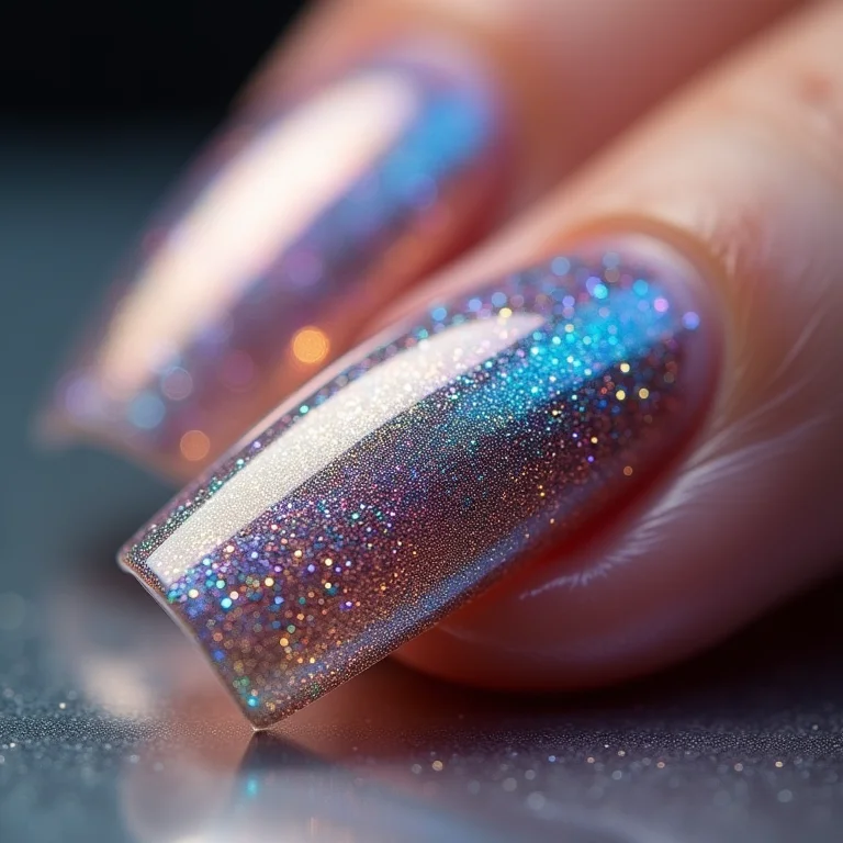 Unhas de gel com glitter iridescente