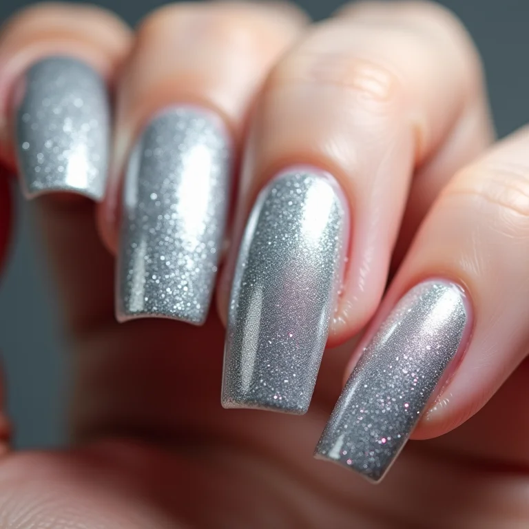 Unhas de gel com glitter prata