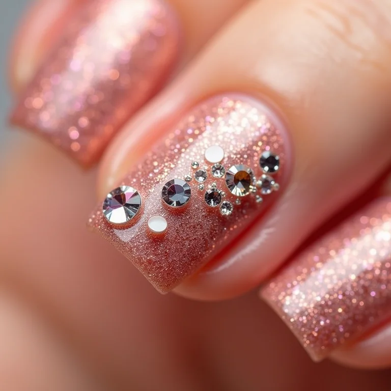 Unhas de gel com glitter rosé e pedrarias
