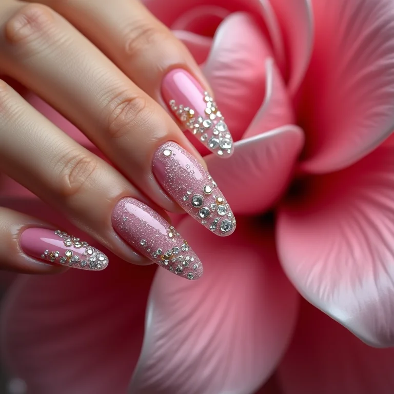 Unhas de gel com pedrarias glamourosas