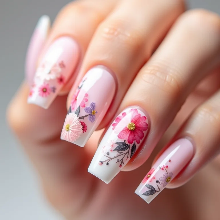 Unhas de gel com películas florais