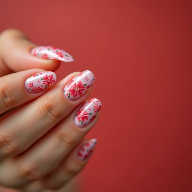 Unhas de gel com películas florais