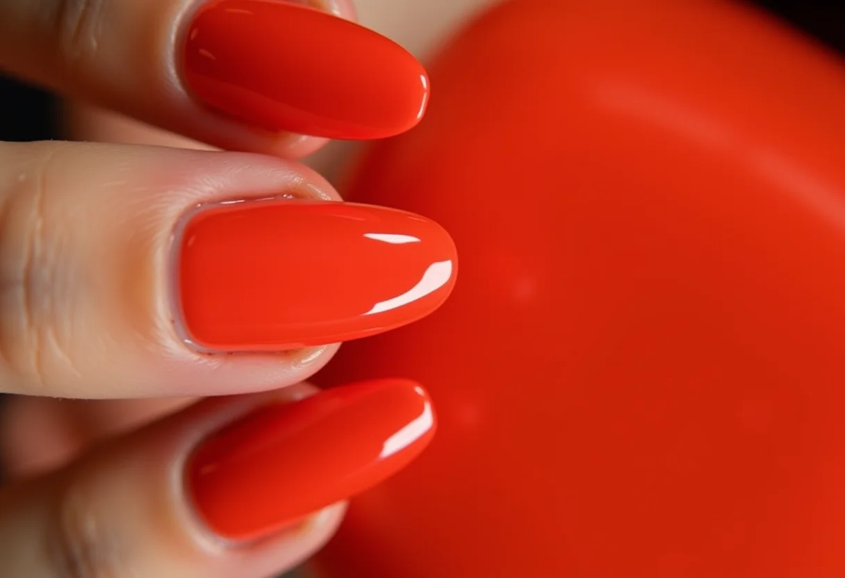 Unhas de gel coral vibrante segurando clutch dourada