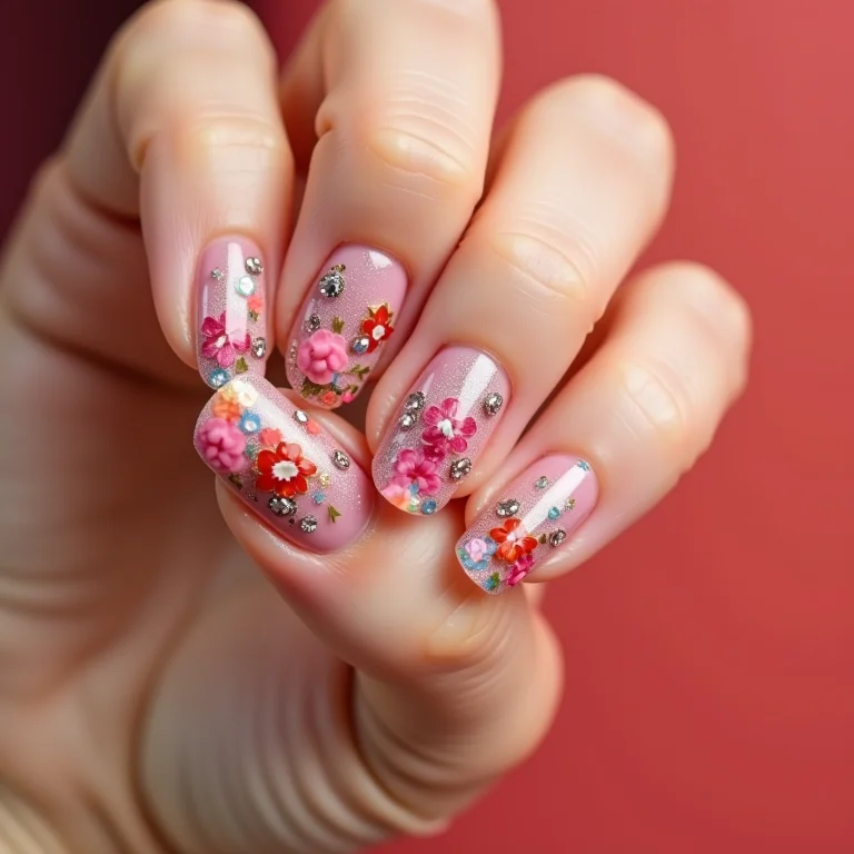Unhas de gel decoradas com adesivos florais e joias