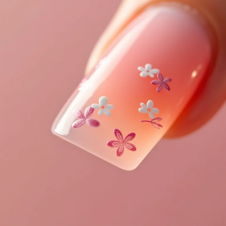 Unhas de gel decoradas com adesivos florais