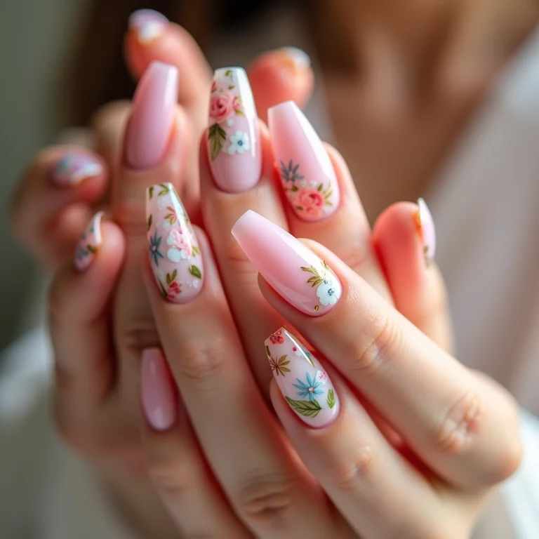 Unhas de gel decoradas com arte floral