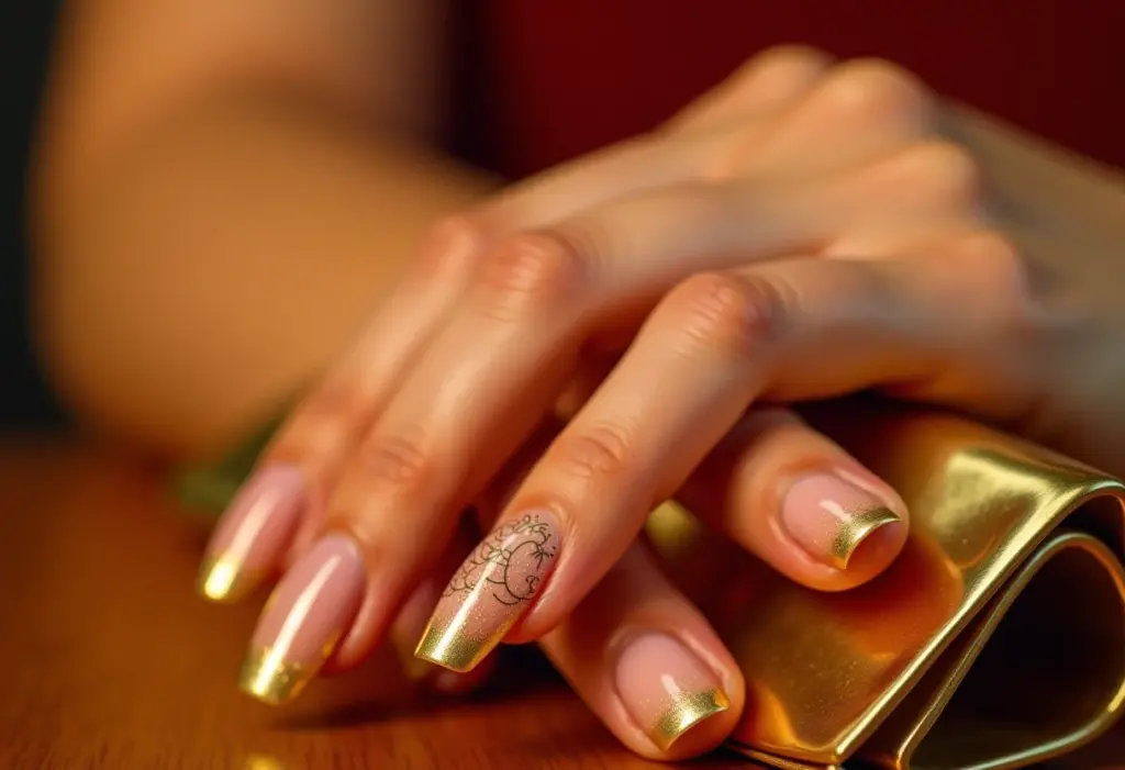 Unhas de gel decoradas com detalhes dourados segurando clutch dourada