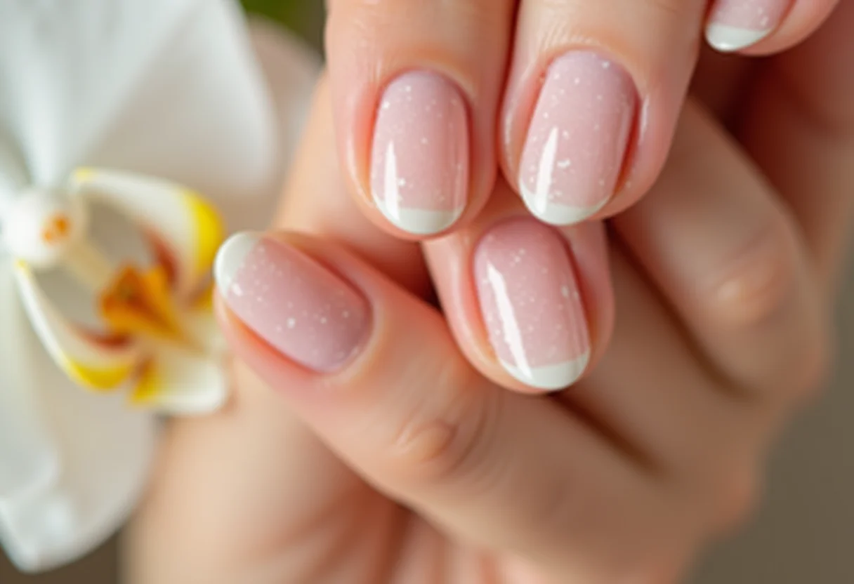Unhas de gel decoradas com formato redondo e orquídea branca