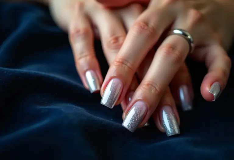 Unhas de gel decoradas com glitter prata sobre veludo azul