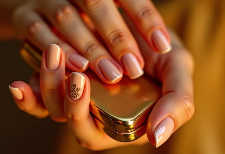 Unhas de gel decoradas segurando clutch dourada