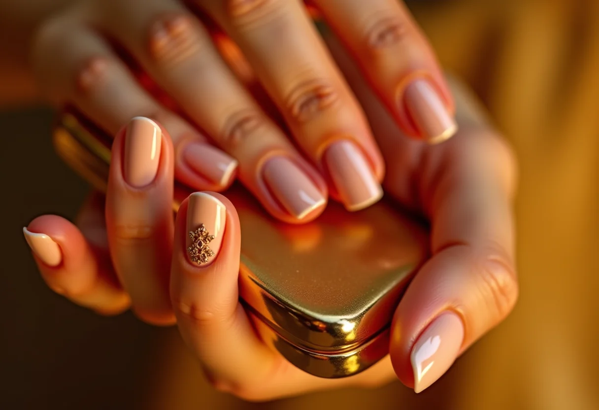 Unhas de gel decoradas segurando clutch dourada