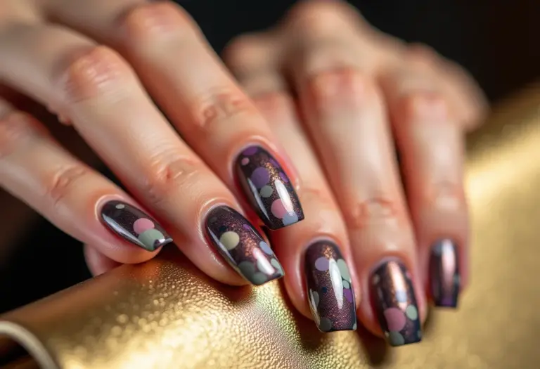 Unhas de gel decoradas segurando clutch dourada