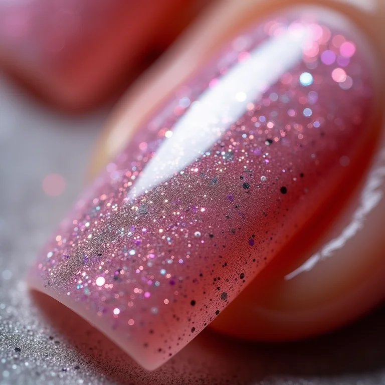 Unhas de gel encapsuladas com glitter.