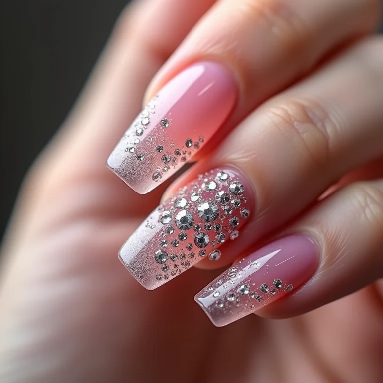 Unhas de gel encapsuladas com pedrarias.