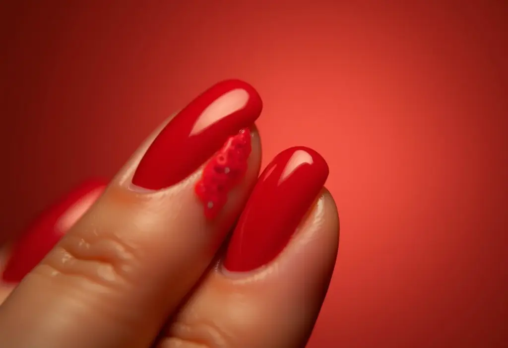 Unhas de gel encapsuladas vermelhas segurando batom de luxo