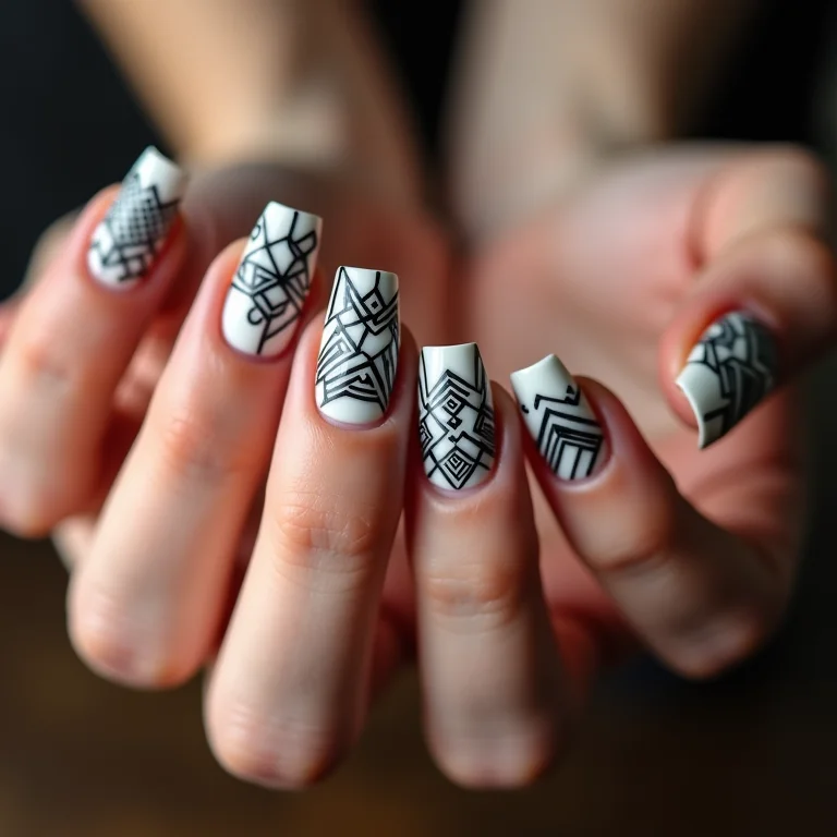 Unhas de gel geométricas em preto e branco